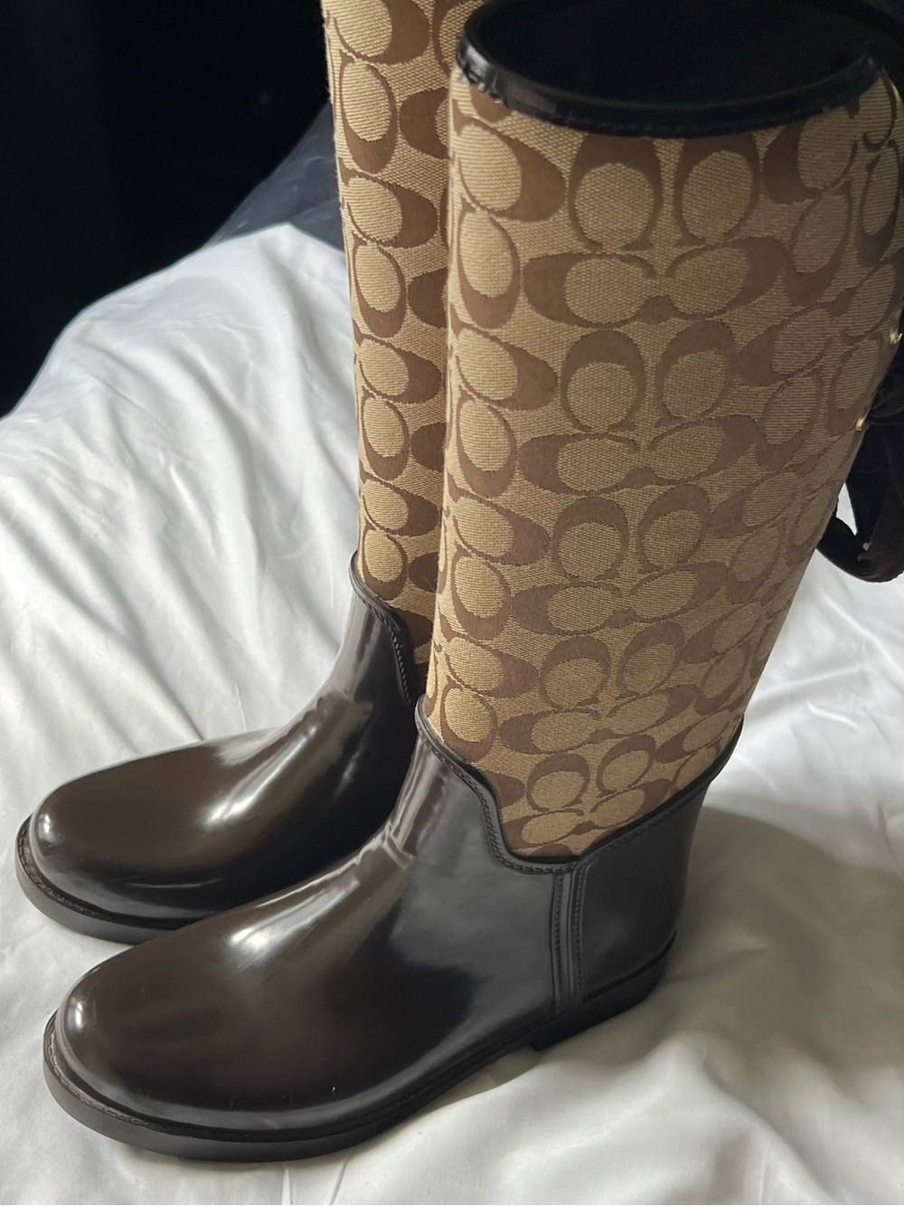 Coach Brown and Tan Signature Canvas Tall Rain Boots